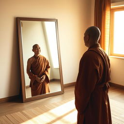 A Buddhist monk standing peacefully before a large, simple mirror in his meditation room