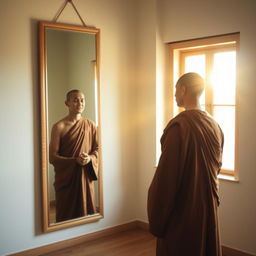 A Buddhist monk standing peacefully before a large, simple mirror in his meditation room