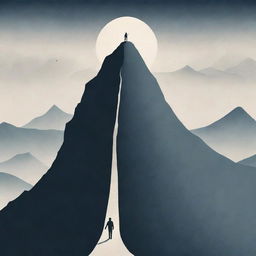 An illustration emphasizing life's paradox: a figure striving for independence in the form of a path ascending a mountain, contrasted with a comforting silhouette of supportive parents during times of struggle.