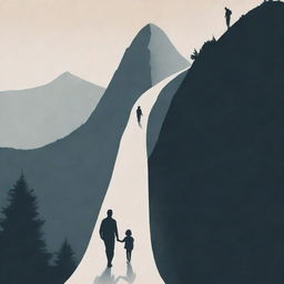 An illustration emphasizing life's paradox: a figure striving for independence in the form of a path ascending a mountain, contrasted with a comforting silhouette of supportive parents during times of struggle.