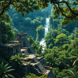 An ancient Mayan city hidden in the lush Amazon rainforest, with intricate stone structures and towering temples surrounded by vibrant green trees