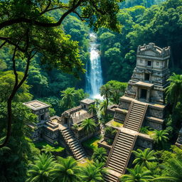 An ancient Mayan city hidden in the lush Amazon rainforest, with intricate stone structures and towering temples surrounded by vibrant green trees