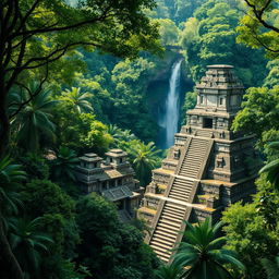 An ancient Mayan city hidden in the lush Amazon rainforest, with intricate stone structures and towering temples surrounded by vibrant green trees