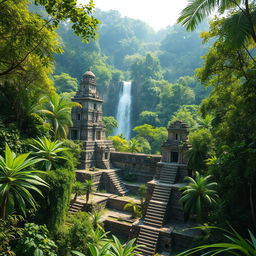 An ancient Mayan city hidden in the lush Amazon rainforest, with intricate stone structures and towering temples surrounded by vibrant green trees