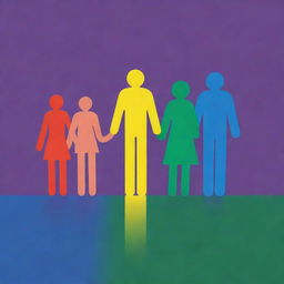 Create a vibrant poster representing gender equality. Include symbols of male, female, and non-binary genders harmoniously integrated, with a diverse human chain and uplifting colors promoting equality and unity.