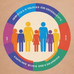 Create a vibrant poster representing gender equality. Include symbols of male, female, and non-binary genders harmoniously integrated, with a diverse human chain and uplifting colors promoting equality and unity.