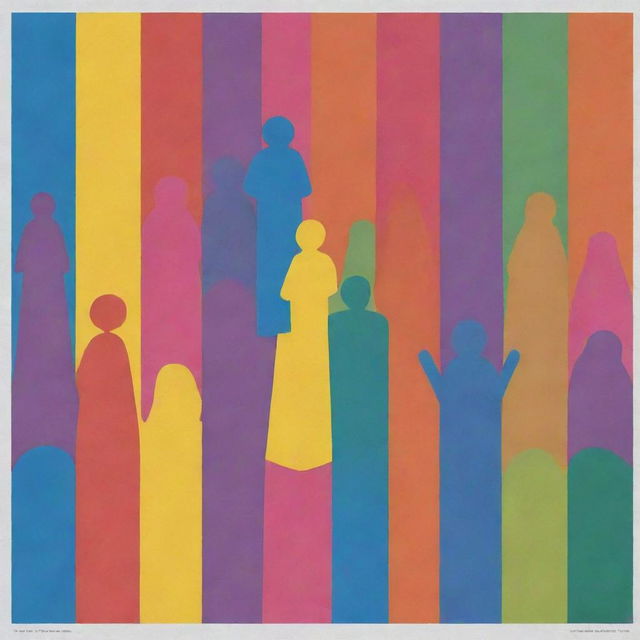 Create a vibrant poster representing gender equality. Include symbols of male, female, and non-binary genders harmoniously integrated, with a diverse human chain and uplifting colors promoting equality and unity.