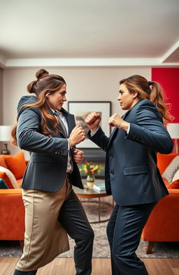 A dynamic and intense scene depicting a husband and wife in a passionate rivalry, showcasing their contrasting personalities