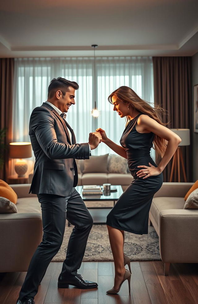 A dynamic and intense scene depicting a husband and wife in a passionate rivalry, showcasing their contrasting personalities