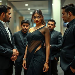 A very attractive woman in an office environment, elegantly dressed in a sheer black saree that gracefully drapes around her figure