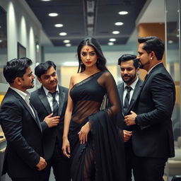 A very attractive woman in an office environment, elegantly dressed in a sheer black saree that gracefully drapes around her figure