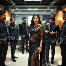 A very attractive woman in an office environment, elegantly dressed in a sheer black saree that gracefully drapes around her figure