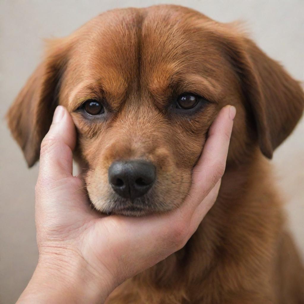 A gentle hand nestled under a soft, furry brown dog's head.