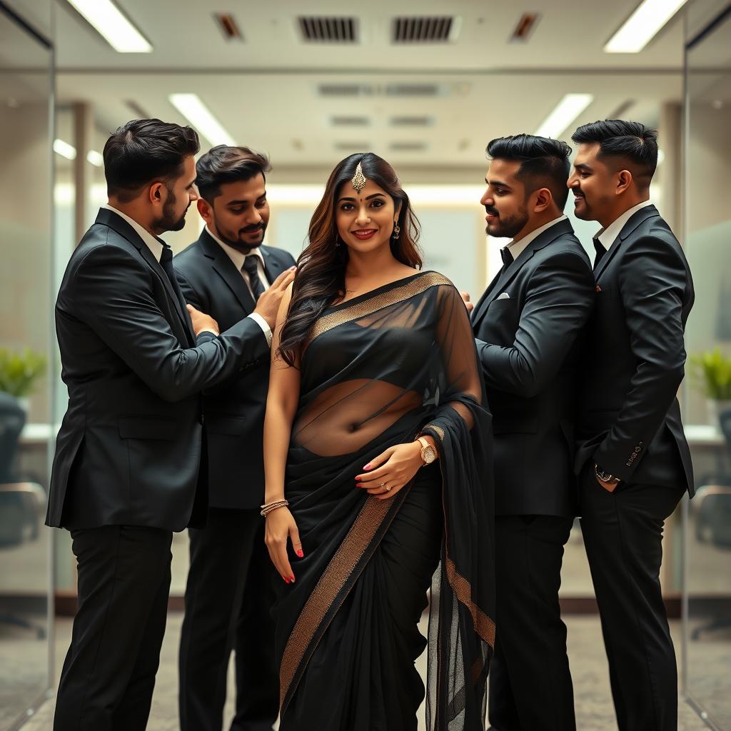 A very attractive woman in an office environment, dressed in a transparent black saree that elegantly accentuates her curves, especially her voluptuous figure