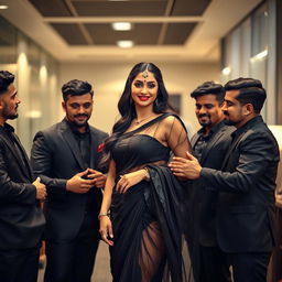 A very attractive woman in an office environment, dressed in a transparent black saree that elegantly accentuates her curves, especially her voluptuous figure