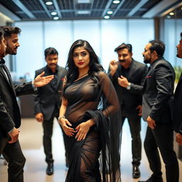 A very attractive woman in an office environment, dressed in a transparent black saree that elegantly accentuates her curves, especially her voluptuous figure