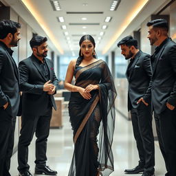 A very attractive woman in an office environment, dressed in a transparent black saree that elegantly accentuates her curves, especially her voluptuous figure