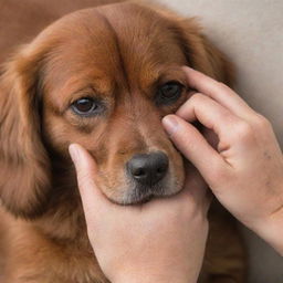 A gentle hand nestled under a soft, furry brown dog's head.