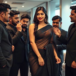 A very attractive woman in a modern office environment, adorned in a transparent black saree that beautifully accentuates her voluptuous figure