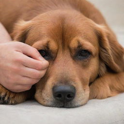 A gentle hand nestled under a soft, furry brown dog's head.