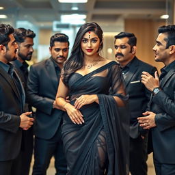 A very attractive woman in a modern office environment, adorned in a transparent black saree that beautifully accentuates her voluptuous figure