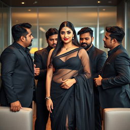 A very attractive woman in a modern office environment, adorned in a transparent black saree that beautifully accentuates her voluptuous figure