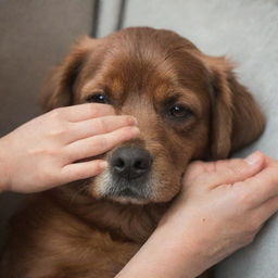 A gentle hand nestled under a soft, furry brown dog's head.