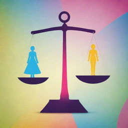 Create a powerful poster image symbolizing gender equality. Include a balance scale with male and female symbols in equilibrium, surrounded by vibrant colors symbolizing unity and strength.