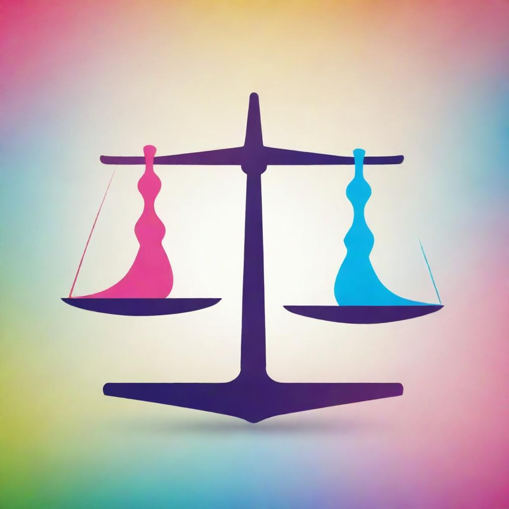 Create a powerful poster image symbolizing gender equality. Include a balance scale with male and female symbols in equilibrium, surrounded by vibrant colors symbolizing unity and strength.