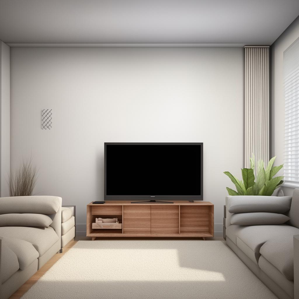 A 3D view from the west of a 12x20 feet living room, with a stylish TV unit on the north wall, and cozy couches on the east and south walls. The complete room design showcases efficient space use and a contemporary touch.