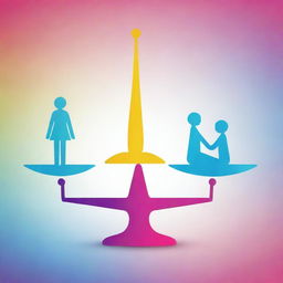 Create a powerful poster image symbolizing gender equality. Include a balance scale with male and female symbols in equilibrium, surrounded by vibrant colors symbolizing unity and strength.