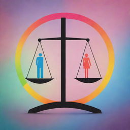 Create a powerful poster image symbolizing gender equality. Include a balance scale with male and female symbols in equilibrium, surrounded by vibrant colors symbolizing unity and strength.