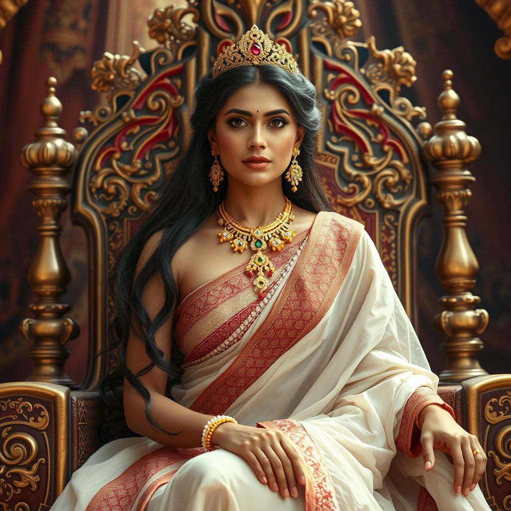 A beautiful royal queen in India, sitting elegantly on a grand throne, adorned with intricate designs and colorful gemstones