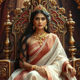 A beautiful royal queen in India, sitting elegantly on a grand throne, adorned with intricate designs and colorful gemstones