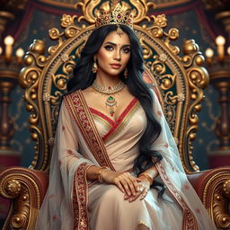 A beautiful royal queen in India, sitting elegantly on a grand throne, adorned with intricate designs and colorful gemstones