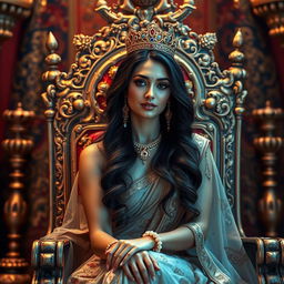 A beautiful royal queen in India, sitting elegantly on a grand throne, adorned with intricate designs and colorful gemstones