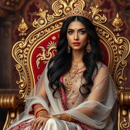 A beautiful royal queen in India, sitting elegantly on a grand throne, adorned with intricate designs and colorful gemstones