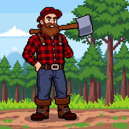 A pixel art sprite of a lumberjack man standing proudly, wearing a red and black plaid shirt, denim jeans, and sturdy brown boots