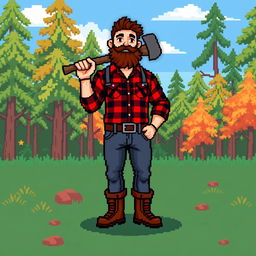 A pixel art sprite of a lumberjack man standing proudly, wearing a red and black plaid shirt, denim jeans, and sturdy brown boots