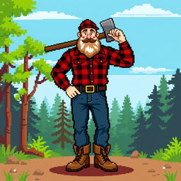 A pixel art sprite of a lumberjack man standing proudly, wearing a red and black plaid shirt, denim jeans, and sturdy brown boots