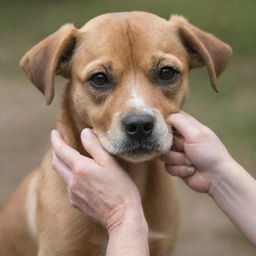 A kind hand tenderly lifting up the chin of a sad looking dog.