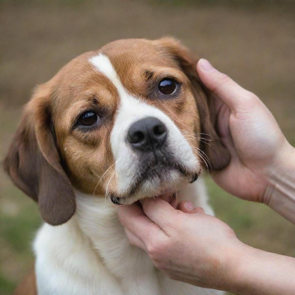 A kind hand tenderly lifting up the chin of a sad looking dog.