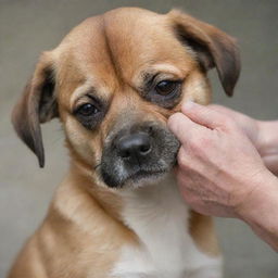 A kind hand tenderly lifting up the chin of a sad looking dog.