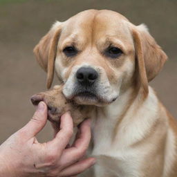 A kind hand tenderly lifting up the chin of a sad looking dog.