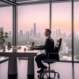 A successful businessman in a luxurious office, full of confidence and enthusiasm, surrounded by cutting-edge technology with a breathtaking view of the city skyline.