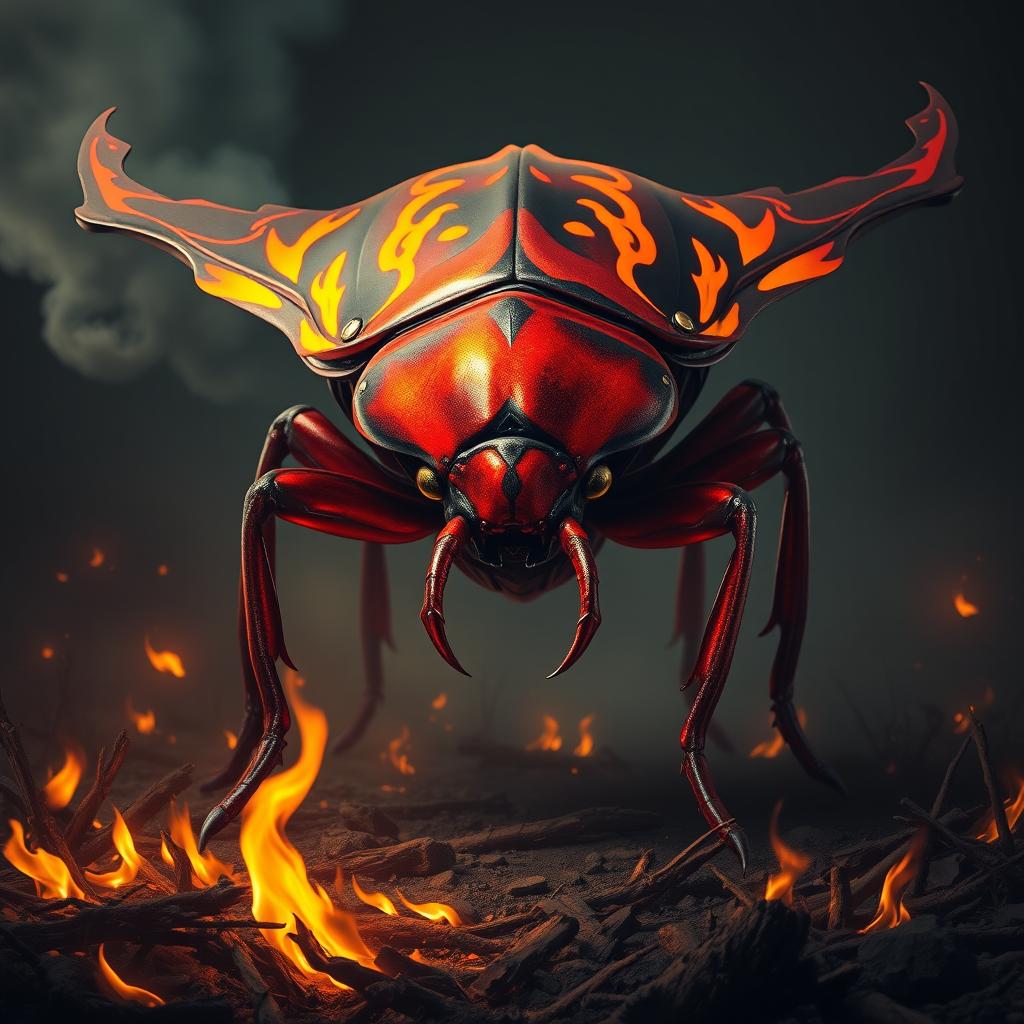 A massive red giant fire beetle looms menacingly, its sinister presence casting an ominous shadow