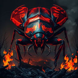 A massive red giant fire beetle looms menacingly, its sinister presence casting an ominous shadow