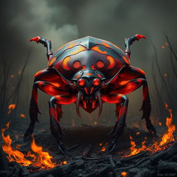 A massive red giant fire beetle looms menacingly, its sinister presence casting an ominous shadow