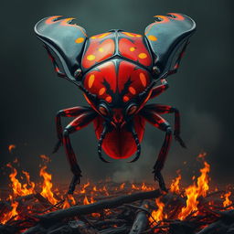 A massive red giant fire beetle looms menacingly, its sinister presence casting an ominous shadow