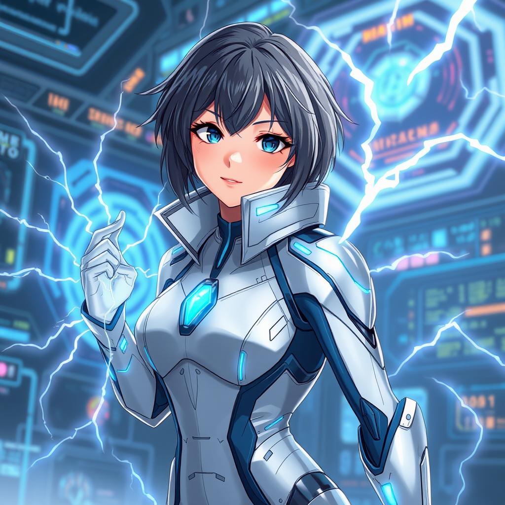 An anime woman wearing a sleek, futuristic tech suit designed with a white and blue aesthetic